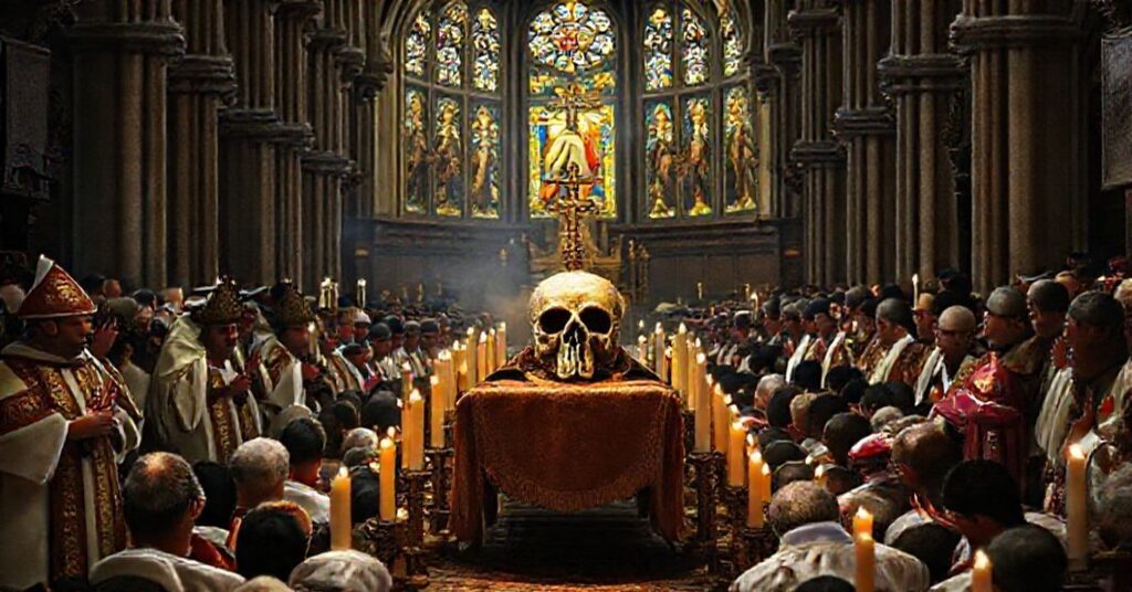 A reverent Catholic procession in La Spezia carrying the relic of St. Venerius' skull, with bishops in ceremonial vestments and faithful kneeling in prayer.