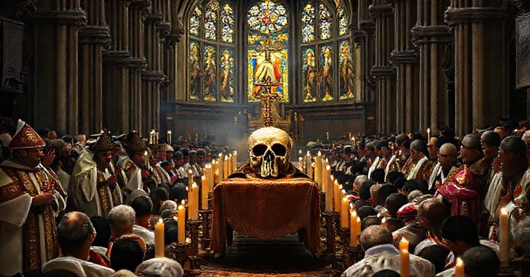 The Transfer of St. Venerius' Relic: A Symbol of Deception A reverent Catholic procession in La Spezia carrying the relic of St. Venerius' skull, with bishops in ceremonial vestments and faithful kneeling in prayer.