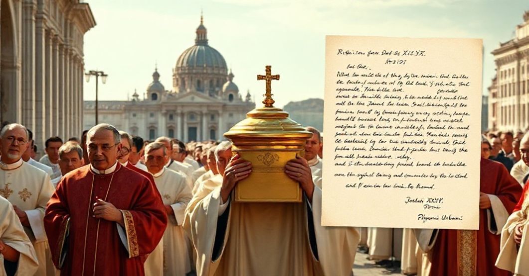 A solemn procession for the translation of St. Pius X's relics from St. Peter's Basilica to St. Mark's in Venice, with John XXIII's letter prominently displayed.