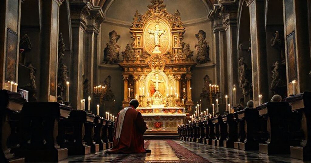 A Catholic priest in traditional vestments kneels in reverence before a tabernacle, holding a litany of the Precious Blood in a historic church setting.
