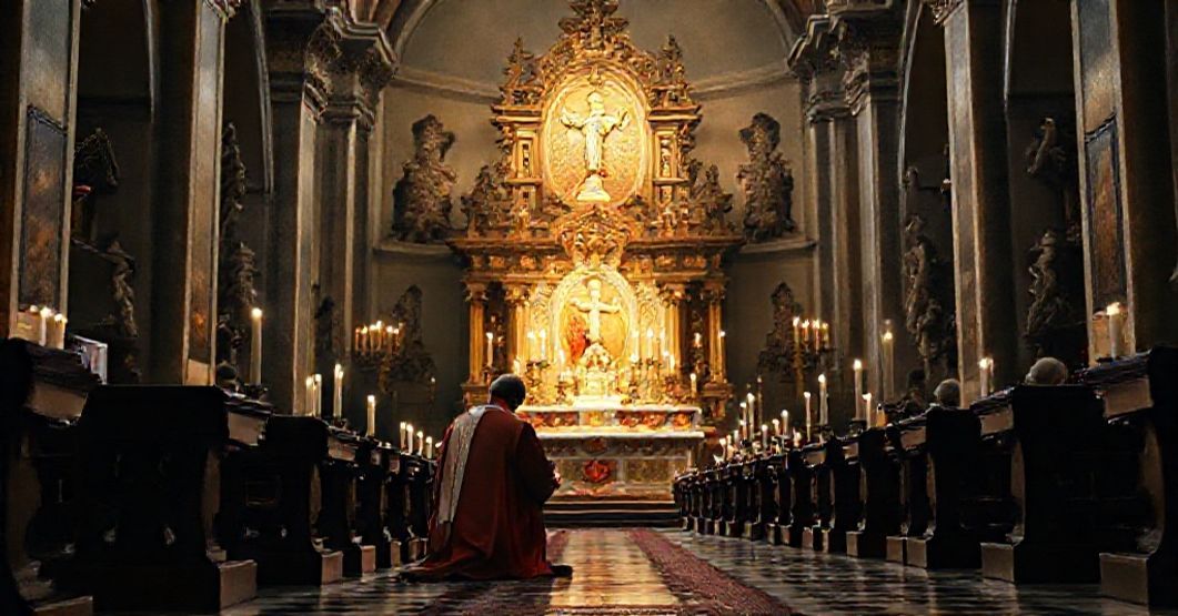 A Catholic priest in traditional vestments kneels in reverence before a tabernacle, holding a litany of the Precious Blood in a historic church setting.
