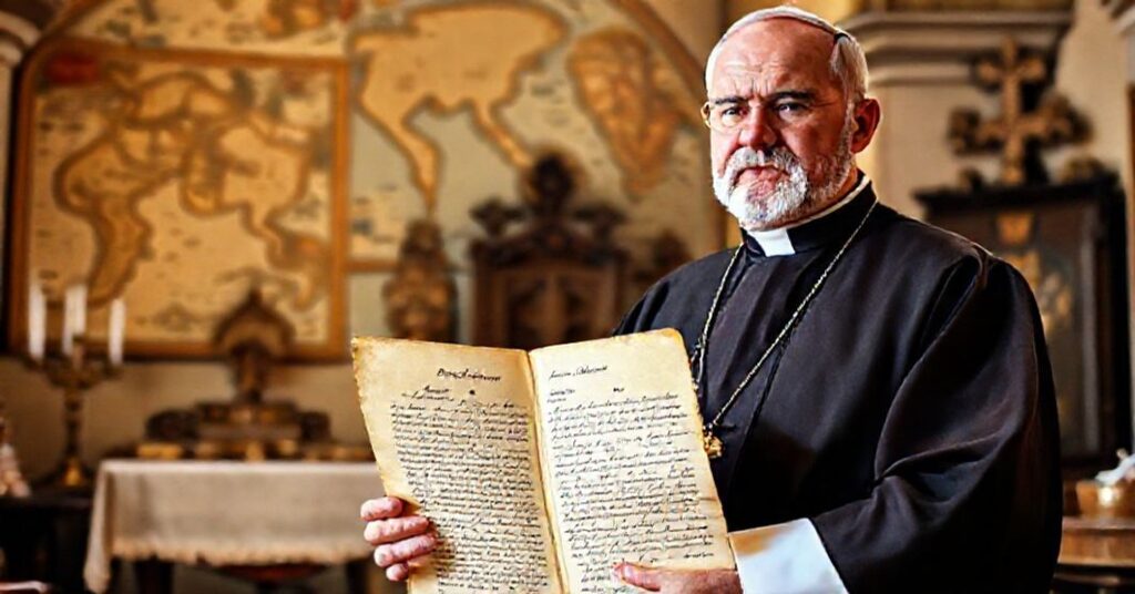 A Catholic priest in traditional vestments holds a historical letter in a chapel adorned with missionary artifacts.