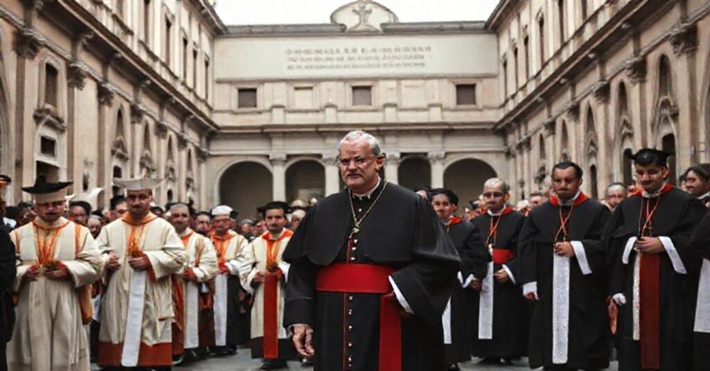 An image depicting the University of Ferrara's inauguration ceremony led by Giovanni Cicognani for John XXIII, highlighting the tension between Catholic tradition and modern secularization.