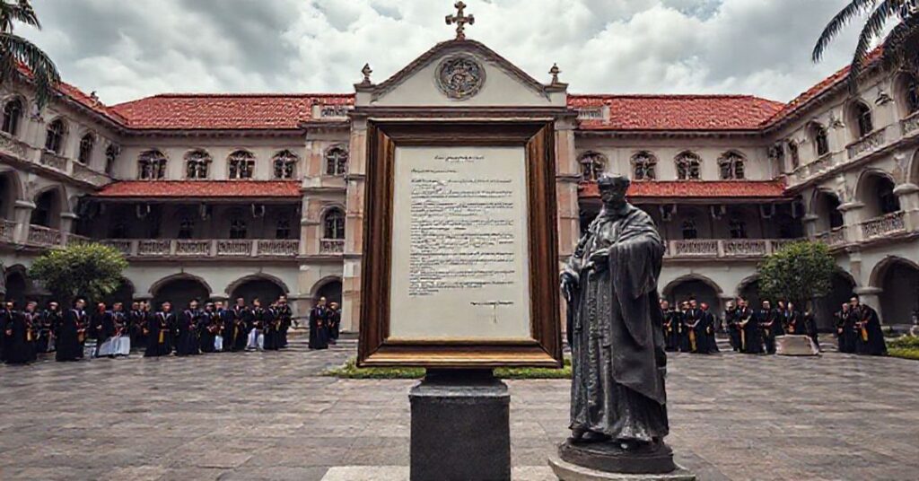 A reverent depiction of the University of Santo Tomas in Manila during its 350th anniversary celebration, highlighting the contrast between its historical role in preserving Catholic orthodoxy and its future as an incubator of conciliar apostasy.