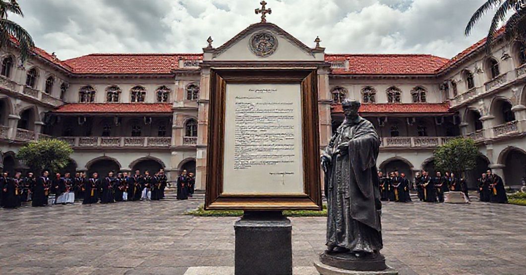 A reverent depiction of the University of Santo Tomas in Manila during its 350th anniversary celebration, highlighting the contrast between its historical role in preserving Catholic orthodoxy and its future as an incubator of conciliar apostasy.