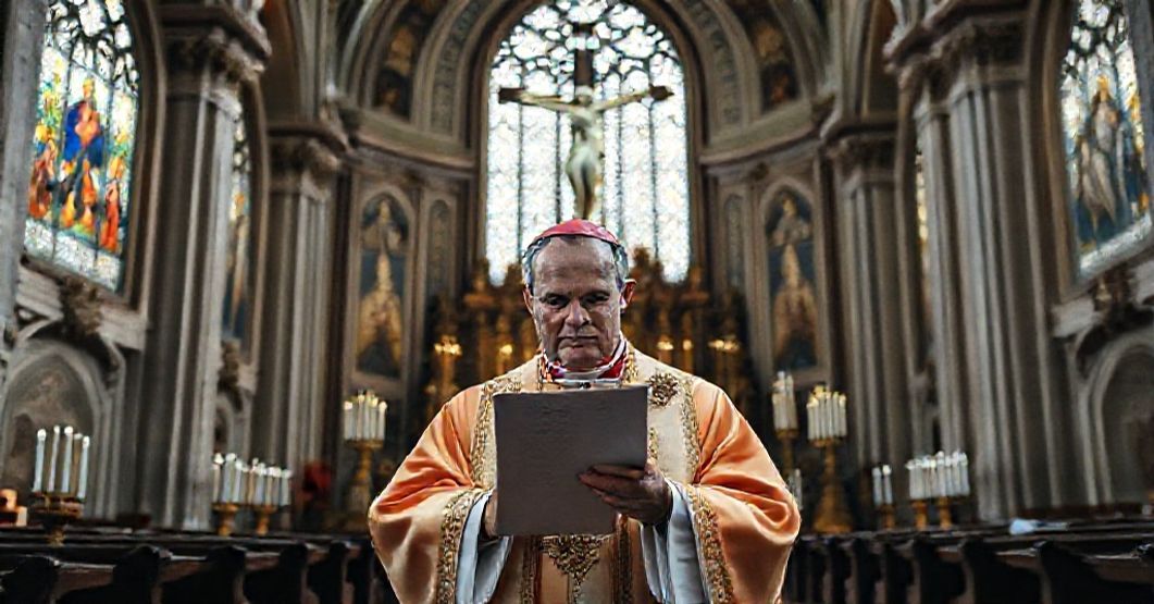 Traditional Catholic bishop in Santa Cruz do Sul Cathedral contemplating the usurpation of authority under John XXIII.