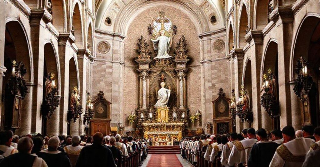 A solemn depiction of the parish church of Our Lady of Mount Carmel in Padua, elevated to a minor basilica by John XXIII, reflecting a critique from a sedevacantist perspective.