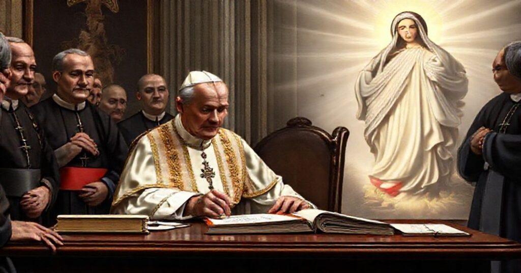 A solemn image depicting the usurper John XXIII signing the decree 'Qui Catholico' with a depiction of the Assumption of the Blessed Virgin Mary in the background.
