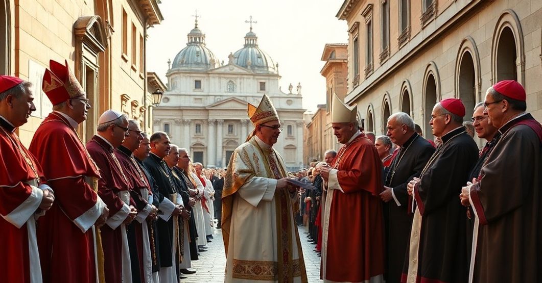 A reverent depiction of Cardinal-Bishops and residential bishops in Rome's suburbicarian dioceses, highlighting the loss of traditional authority to bureaucratic centralization.