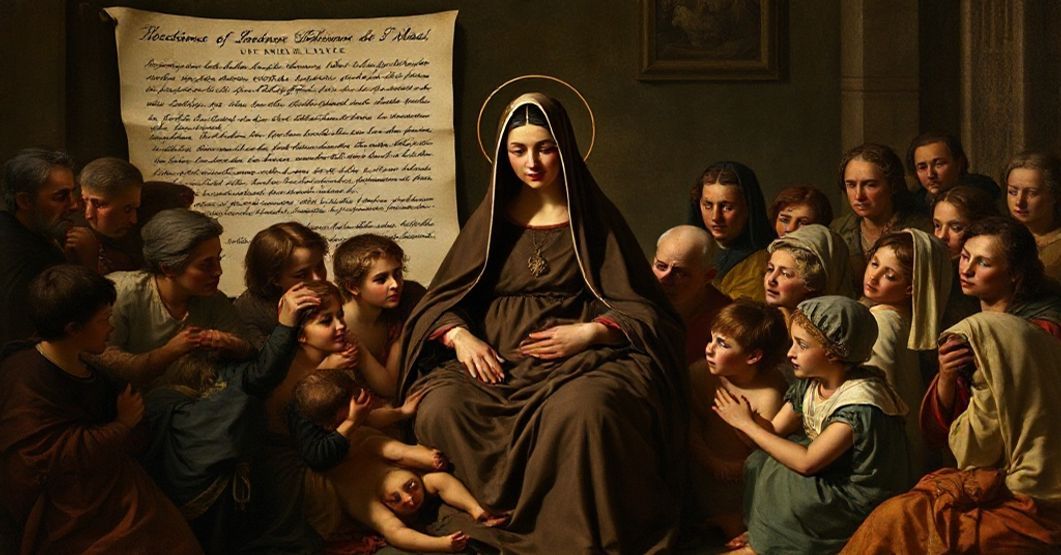 Depiction of Ioachima de Vedruna de Mas amidst suffering children and the sick, with a shadowy Roncalli's decretal in the background.