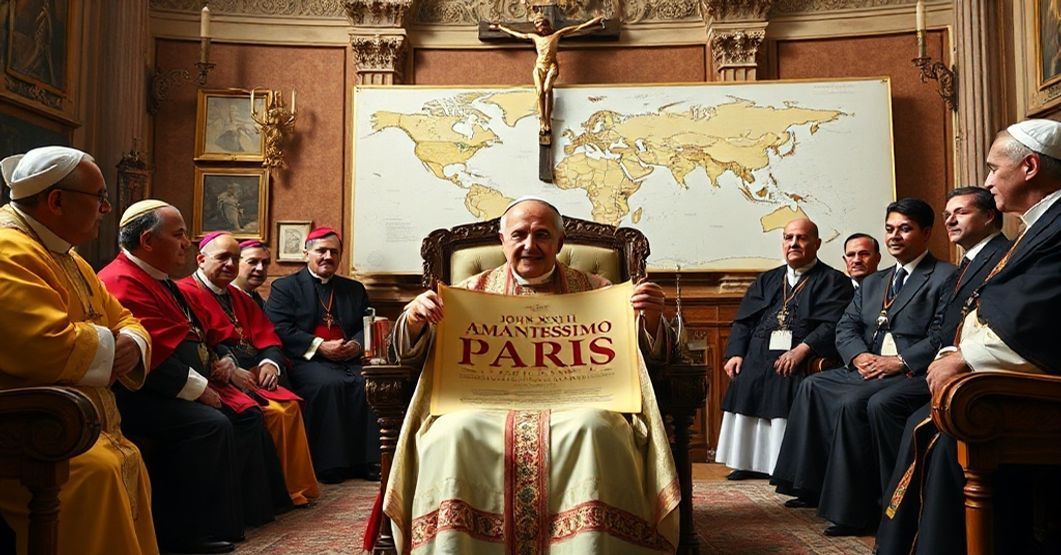 Usurper John XXIII and the Subversion of Catholic Missions A traditional Catholic depiction of the usurper John XXIII in a Vatican office, surrounded by clergy, holding a scroll titled 'Amantissimo Patris,' symbolizing the subversion of missionary work for conciliar goals.