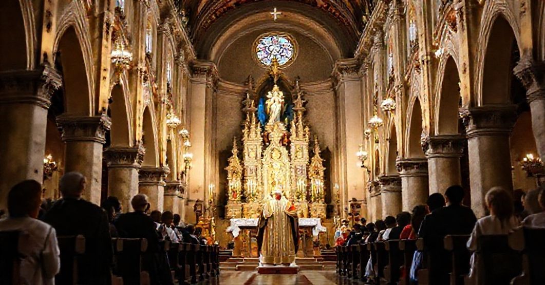 A solemn depiction of the historic cathedral of Valencia in Venezuela being elevated to a minor basilica, emphasizing traditional Catholic devotion to Our Lady of Succour.