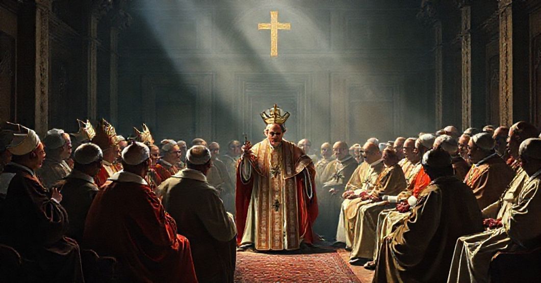 A solemn Catholic scene depicting the false Pope John XXIII and modernist bishops during the first session of Vatican II in 1963, highlighting the doctrinal betrayal and ecumenical innovations introduced by the letter "Mirabilis ille."