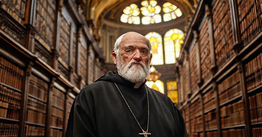 An elderly monk in the Vatican Library surrounded by ancient manuscripts, reflecting on the tension between scholarly devotion and the absence of Catholic militancy.