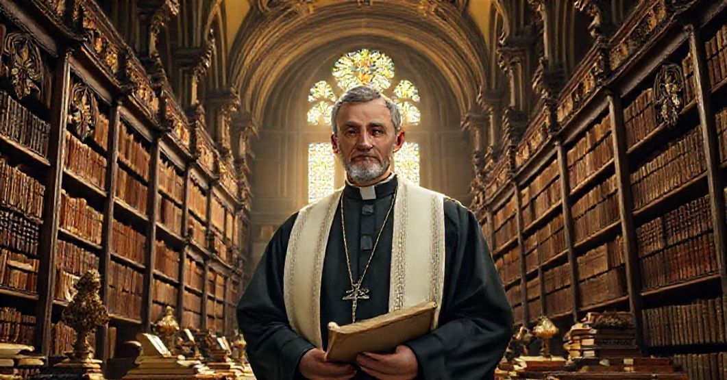A reverent scholarly scene in the Vatican Library with a Catholic scholar surrounded by ancient manuscripts.