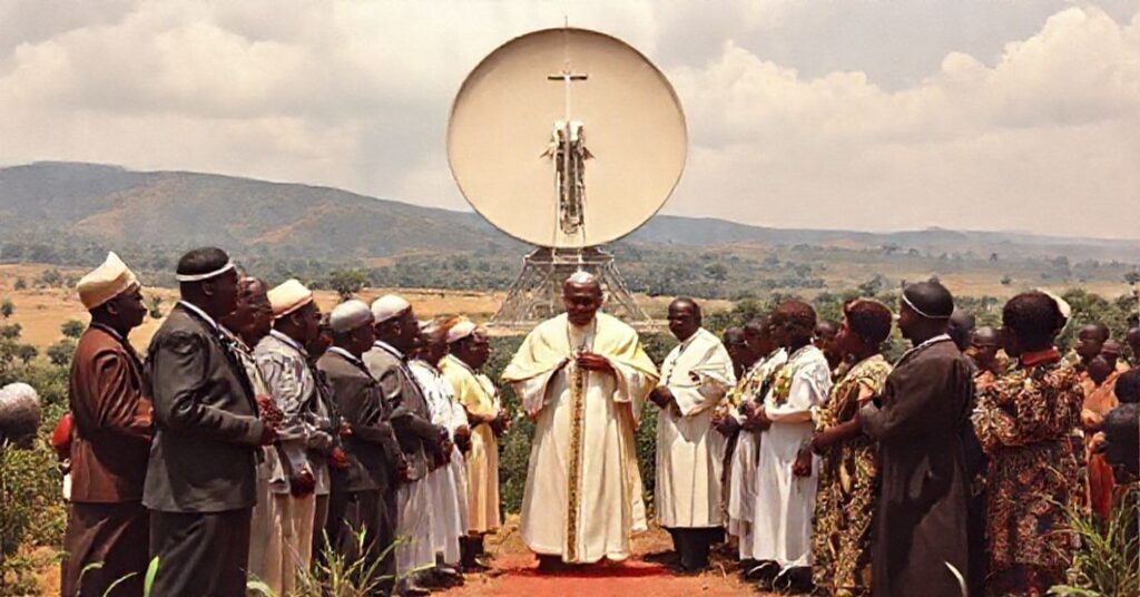 A solemn image depicting the inauguration of Vatican Radio's new transmitter to Africa in 1961, highlighting the absence of Christ the King in the scene.