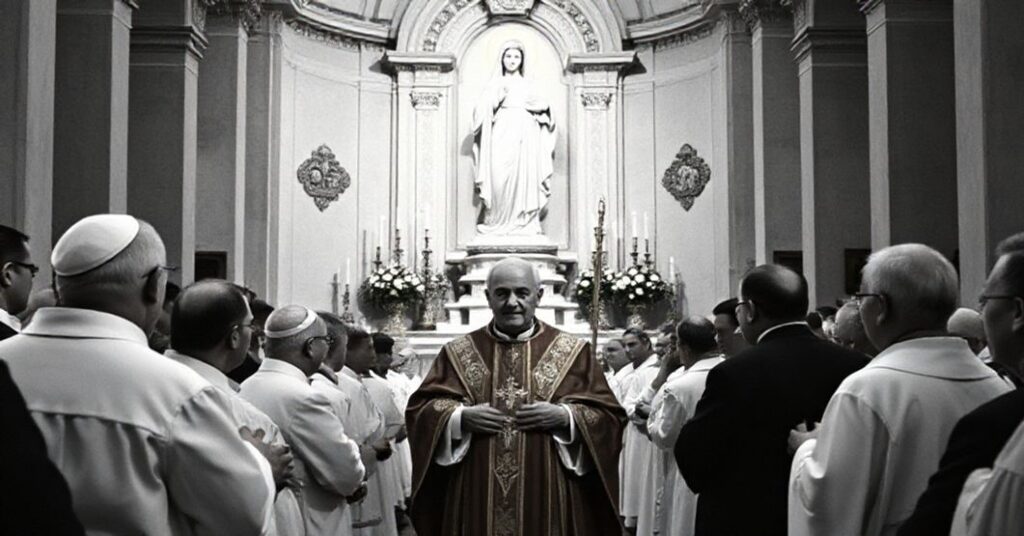 Venerable Benedict Aloisi Masella surrounded by faithful in Palestrina, 1959, with a marble monument of the Blessed Virgin Mary in the background.