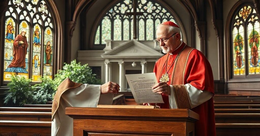 Venerable James Duhig receives a letter from John XXIII in a traditional Catholic cathedral, symbolizing the tension between institutional pride and doctrinal crisis.