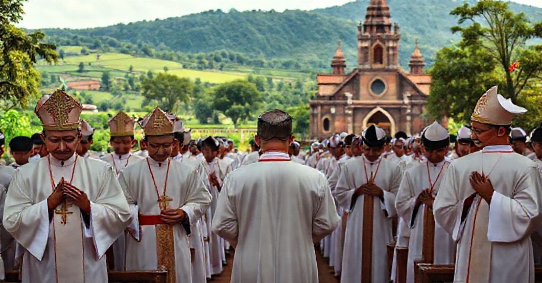 Vietnamese bishops in traditional vestments praying in a historic Catholic church, symbolizing resistance to the conciliar revolution.