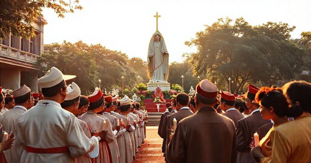 Vietnamese Catholics gathered in solemn prayer at a Marian Congress in Saigon, 1959. Cardinal Agagianian delivers a papal message before a statue of Our Lady of Lourdes.