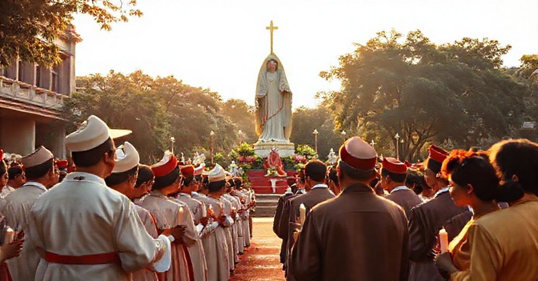Vietnamese Catholics gathered in solemn prayer at a Marian Congress in Saigon, 1959. Cardinal Agagianian delivers a papal message before a statue of Our Lady of Lourdes.